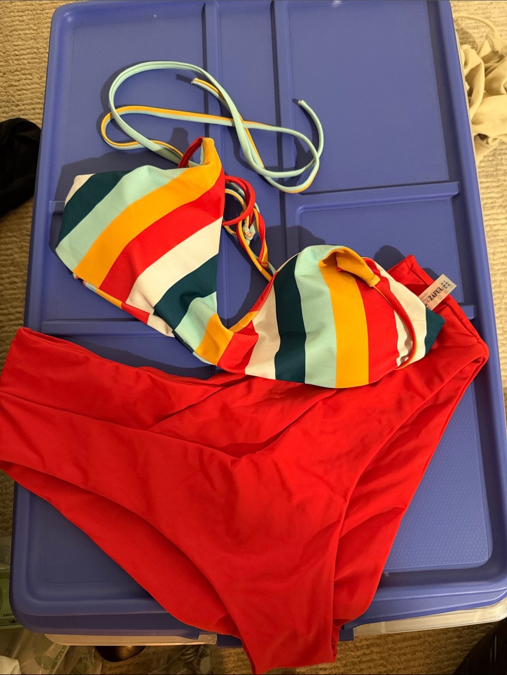 Zaful Rainbow Striped Bikini Top with Red/Orange Bottoms